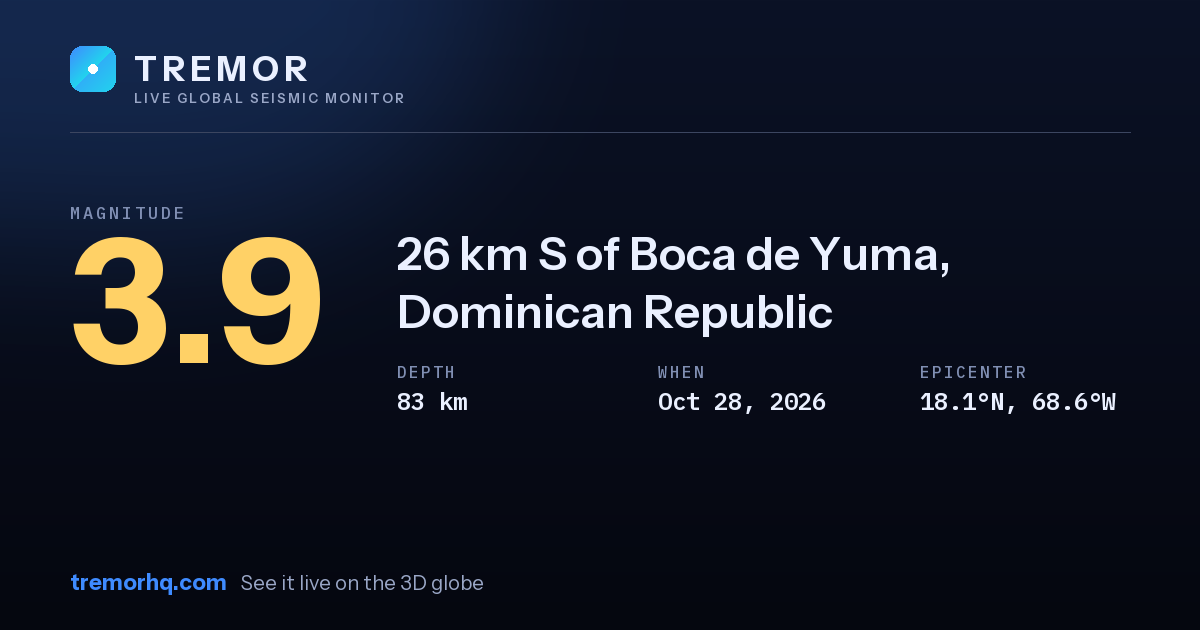M3.9 earthquake near 26 km S of Boca de Yuma, Dominican Republic