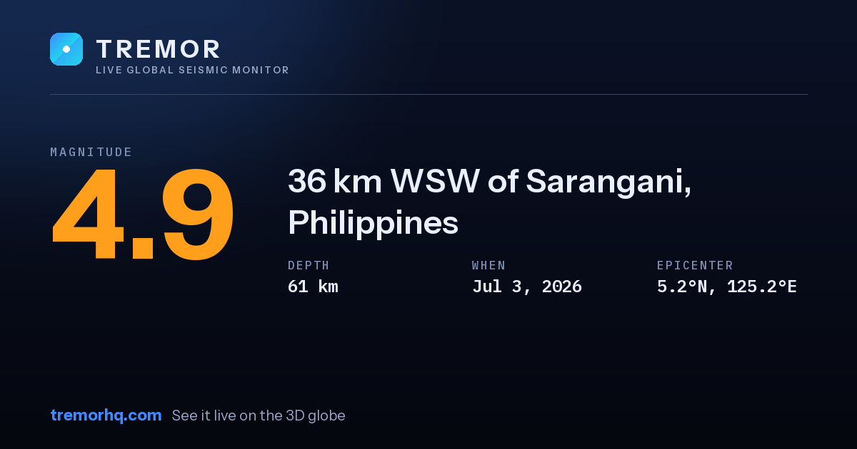 M4.9 earthquake near 36 km WSW of Sarangani, Philippines