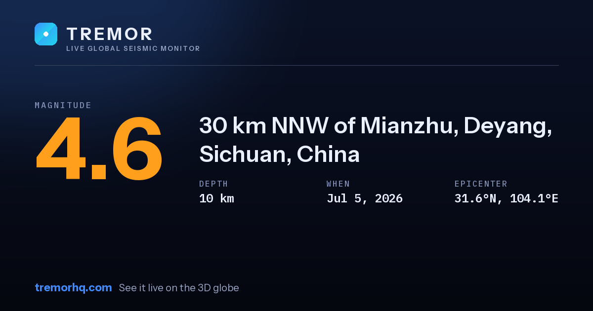 M4.6 earthquake near 30 km NNW of Mianzhu, Deyang, Sichuan, China