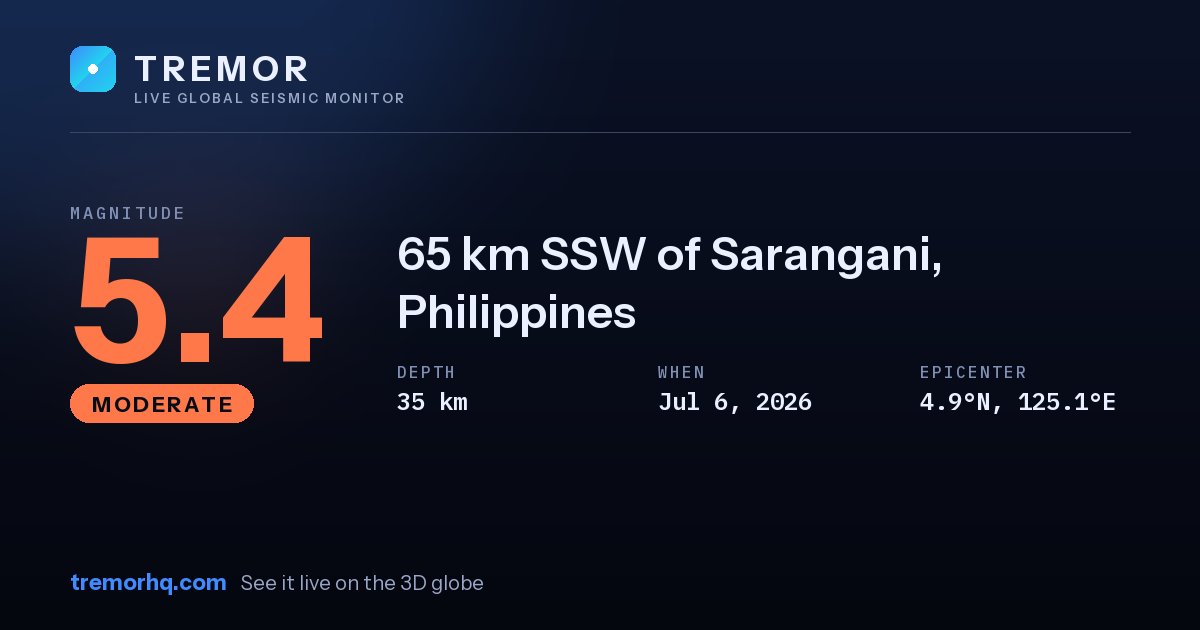 M5.4 earthquake near 65 km SSW of Sarangani, Philippines