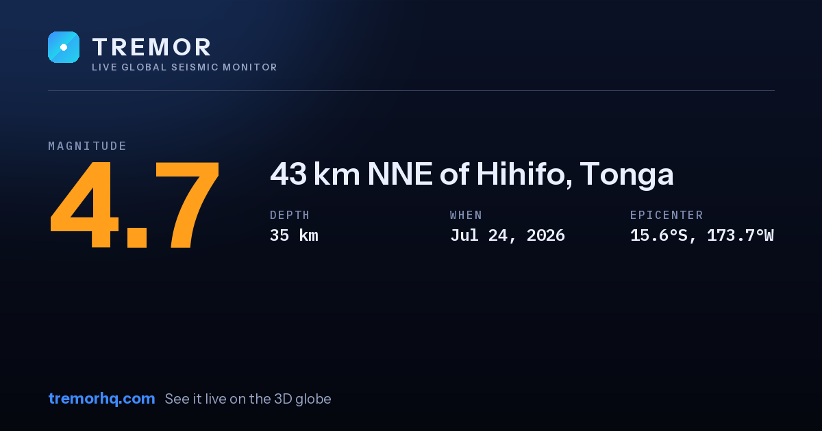 M4.7 earthquake near 43 km NNE of Hihifo, Tonga