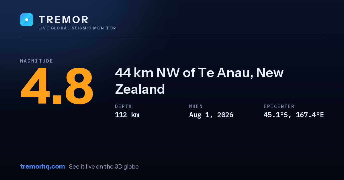 M4.8 earthquake near 44 km NW of Te Anau, New Zealand