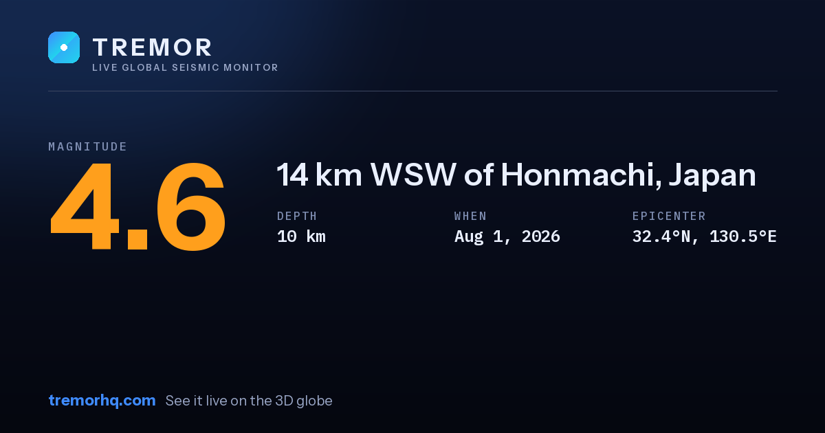 M4.6 earthquake near 14 km WSW of Honmachi, Japan