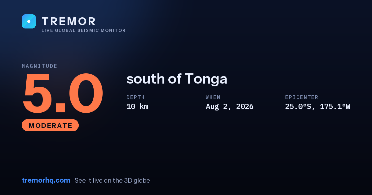M5.0 earthquake near south of Tonga