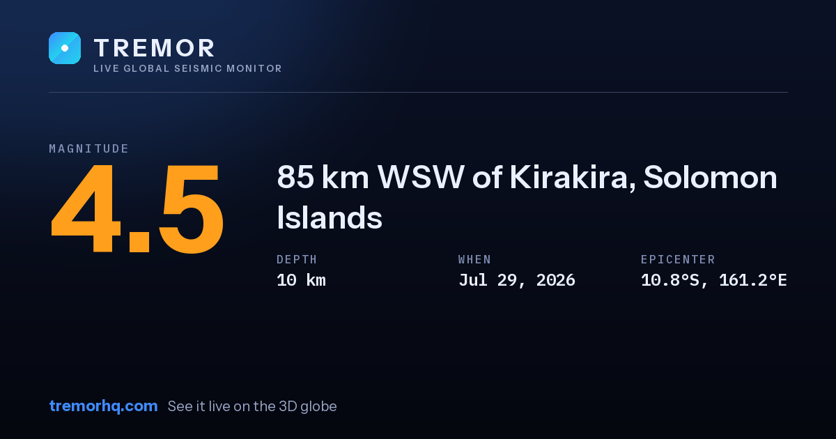 M4.5 earthquake near 85 km WSW of Kirakira, Solomon Islands