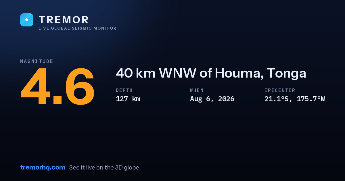 M4.6 earthquake near 40 km WNW of Houma, Tonga