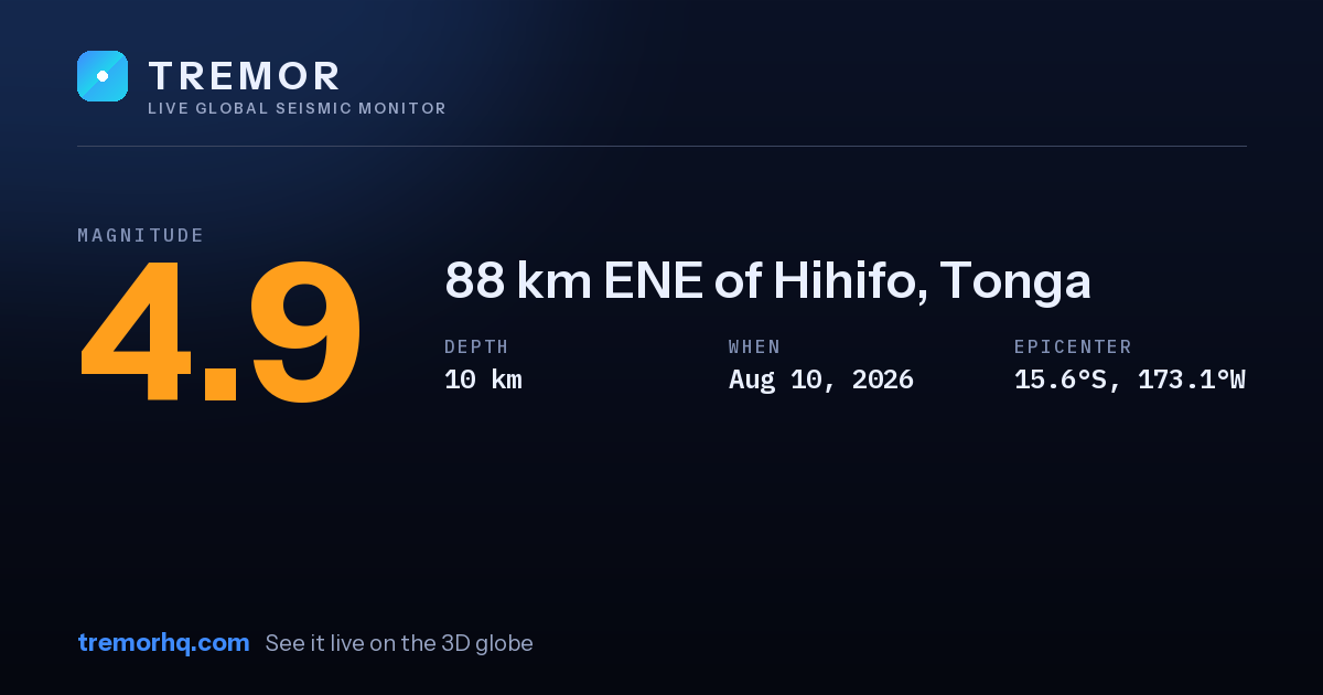M4.9 earthquake near 88 km ENE of Hihifo, Tonga