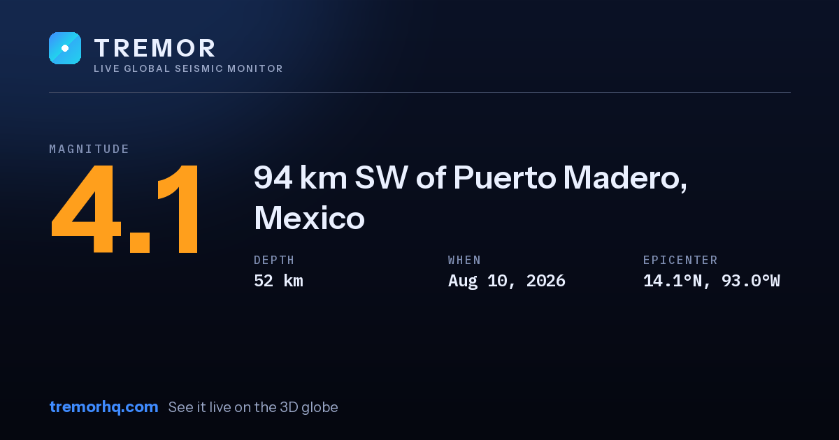 M4.1 earthquake near 94 km SW of Puerto Madero, Mexico