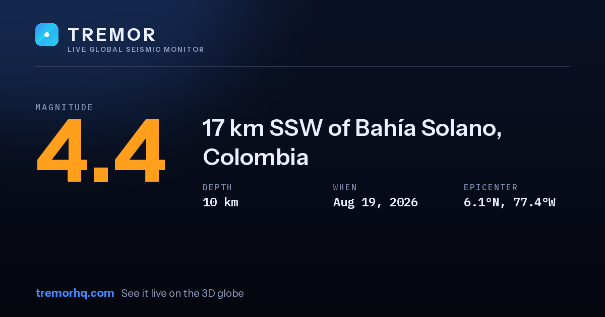 M4.4 earthquake near 17 km SSW of Bahía Solano, Colombia