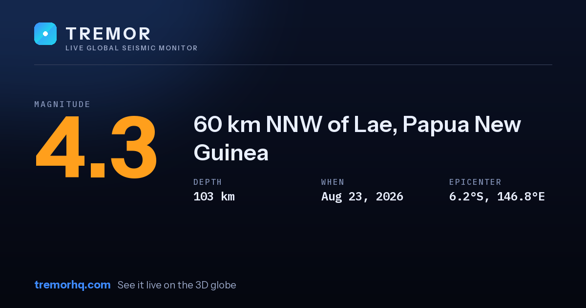 M4.3 earthquake near 60 km NNW of Lae, Papua New Guinea