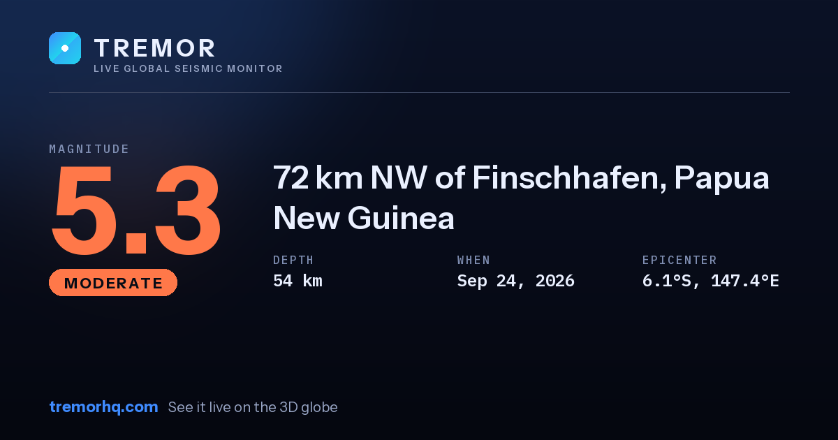 M5.3 earthquake near 72 km NW of Finschhafen, Papua New Guinea