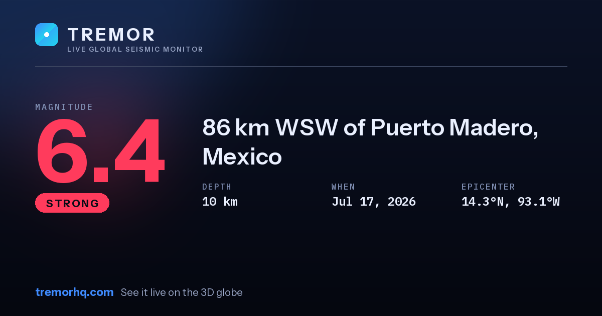 M6.4 earthquake near 86 km WSW of Puerto Madero, Mexico