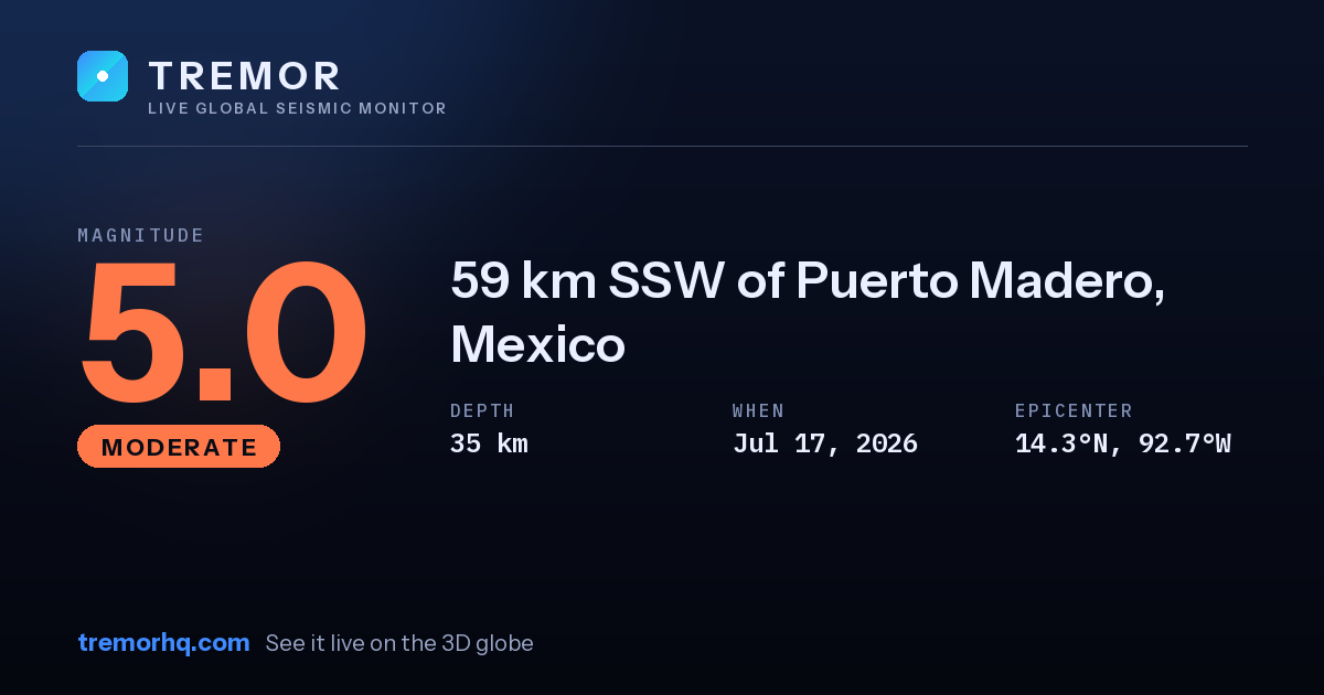 M5.0 earthquake near 59 km SSW of Puerto Madero, Mexico