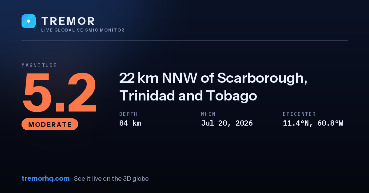M5.2 earthquake near 22 km NNW of Scarborough, Trinidad and Tobago