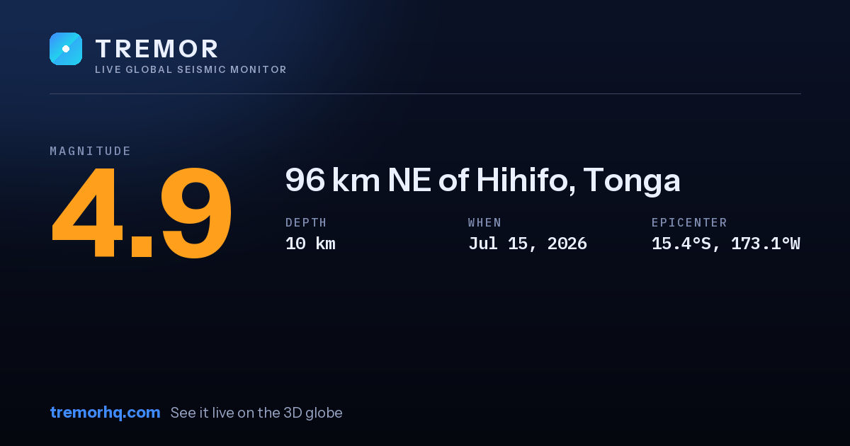 M4.9 earthquake near 96 km NE of Hihifo, Tonga