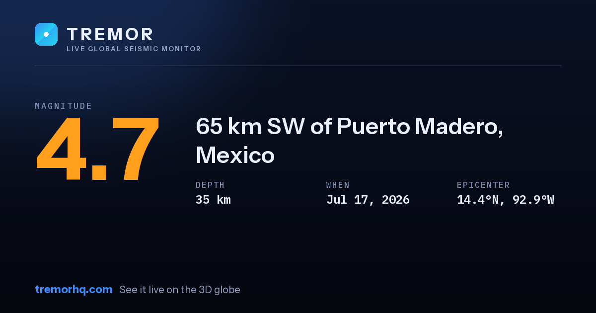 M4.7 earthquake near 65 km SW of Puerto Madero, Mexico