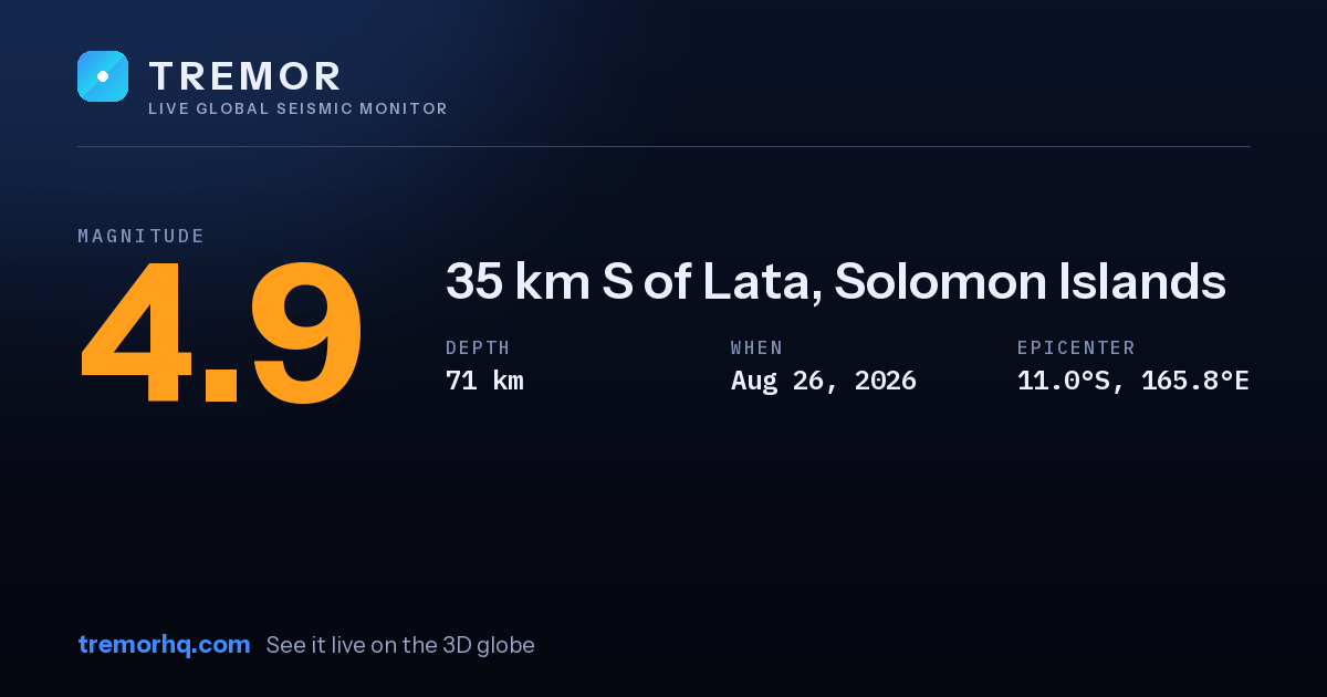 M4.9 earthquake near 35 km S of Lata, Solomon Islands