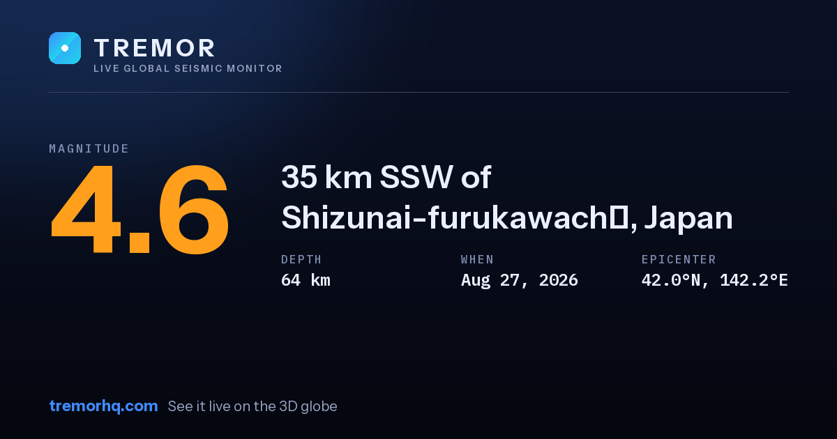 M4.6 earthquake near 35 km SSW of Shizunai-furukawachō, Japan