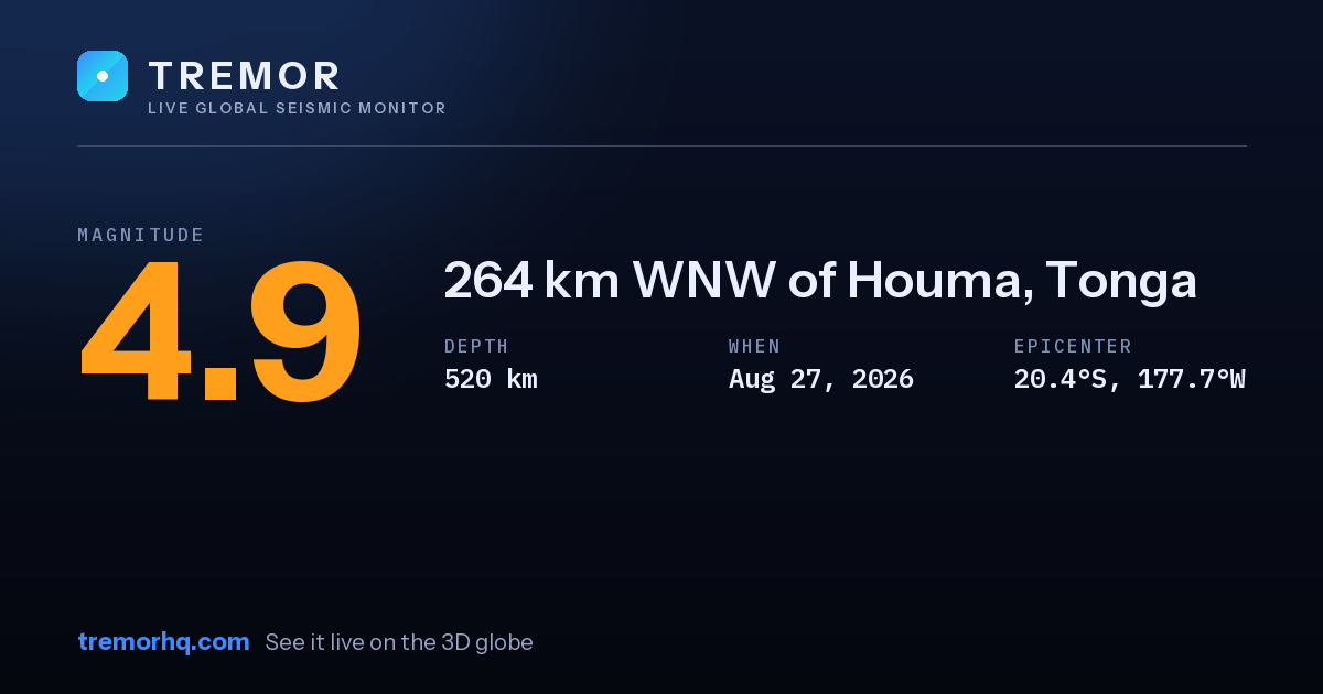 M4.9 earthquake near 264 km WNW of Houma, Tonga