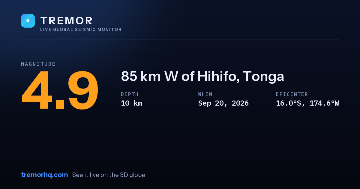M4.9 earthquake near 85 km W of Hihifo, Tonga